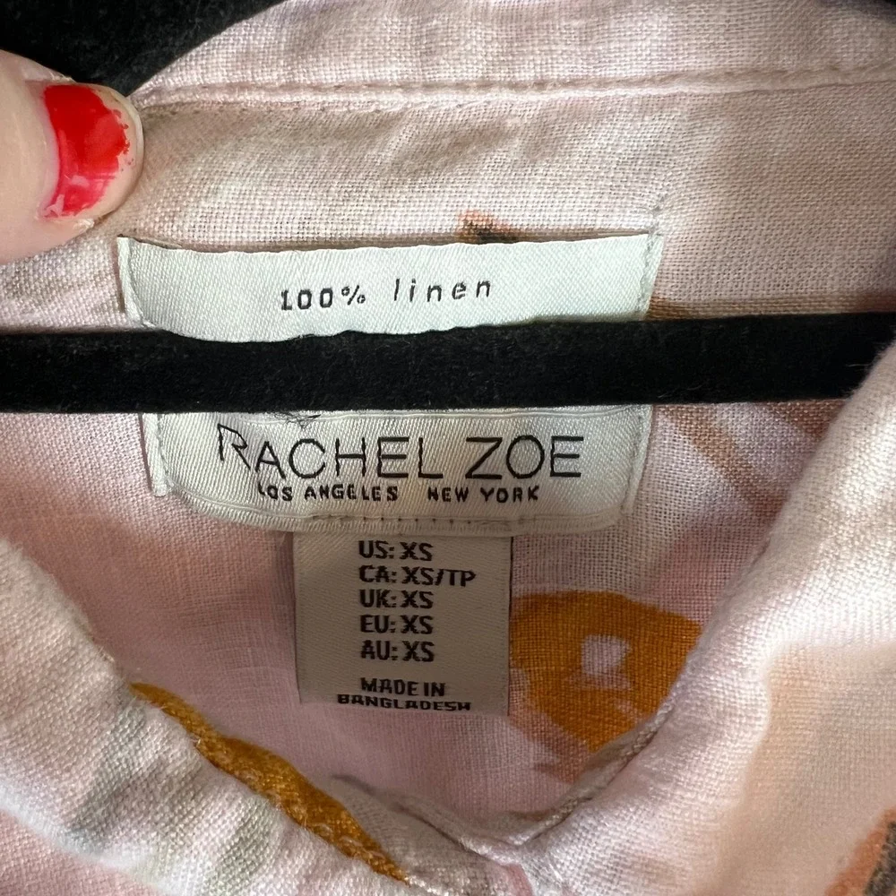 Rachel Zoe Linen Floral Shirt Dress Pink Mustard‎ Short Sleeve Button Front XS